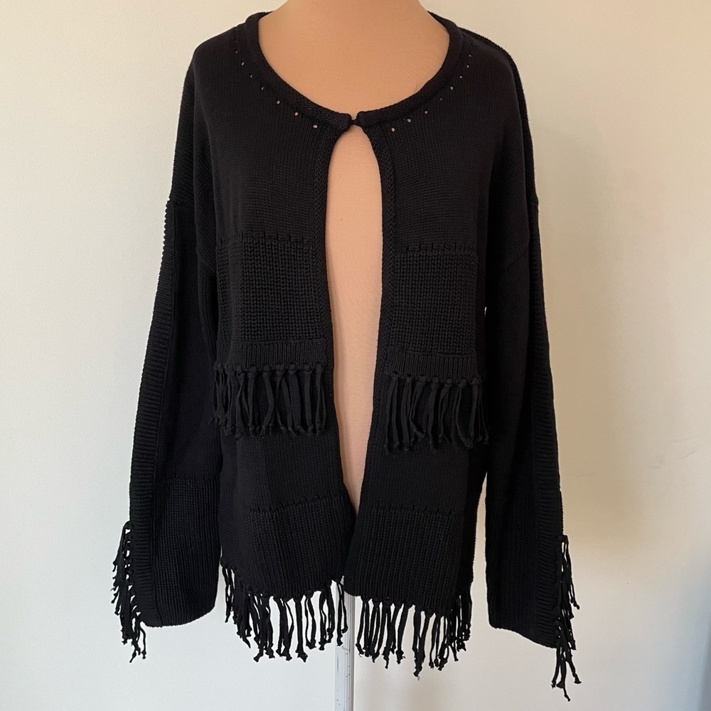 Raffi Black Cotton Knit Fringe Single Closure Cardigan Sweater NWT Size Large